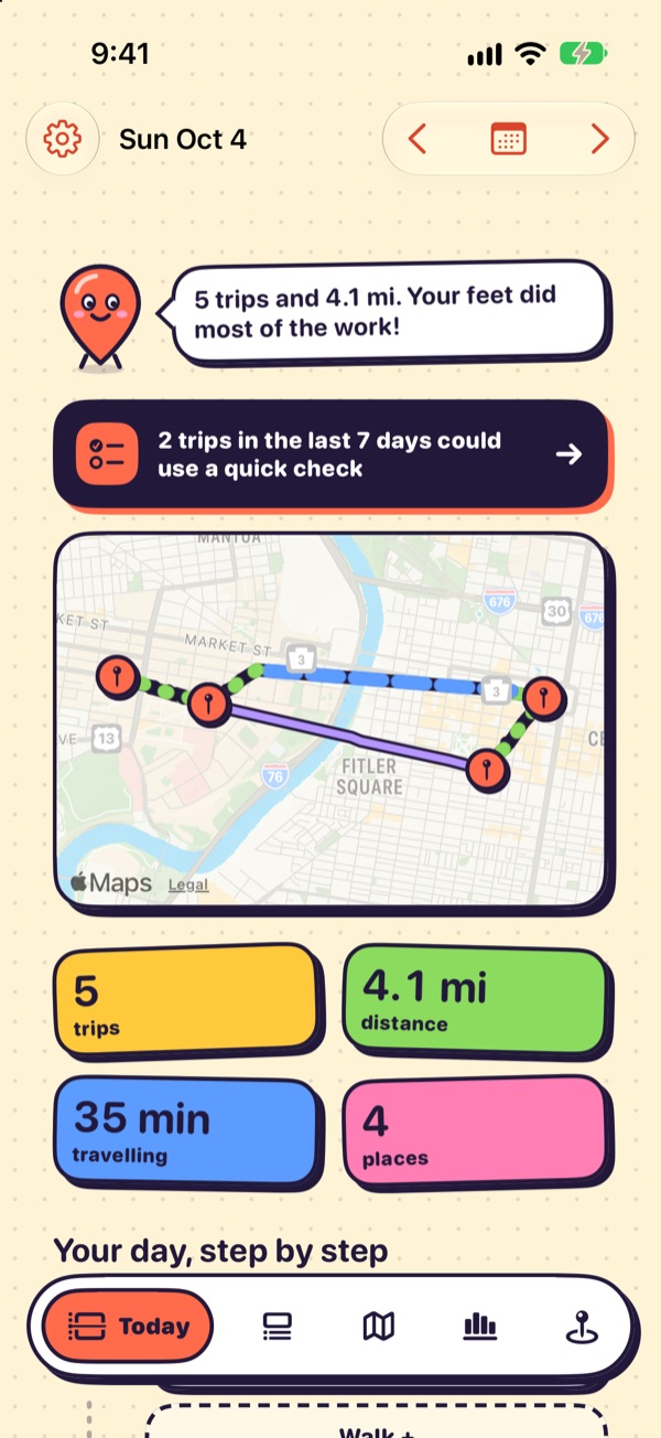 The Today screen: a mascot speech bubble, the day's routes on a map, and four colourful stat tiles