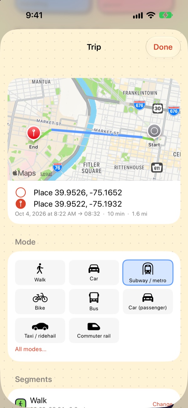 A trip's detail sheet: the route on a map, start and end, and a grid of travel modes to correct it